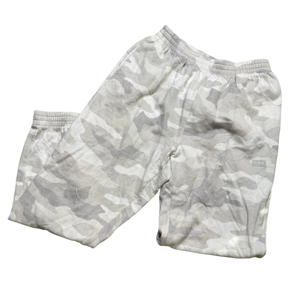 PINK VICTORIA SECRET SWEATPANTS PANTS M MEDIUM WHITE GREY CAMO WORKOUT LOUNGE